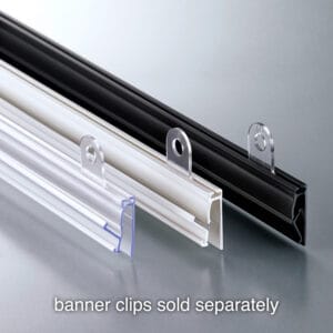 Three Popco snap-rail poster-hanging rails in clear white and black with banner clips sold separately.