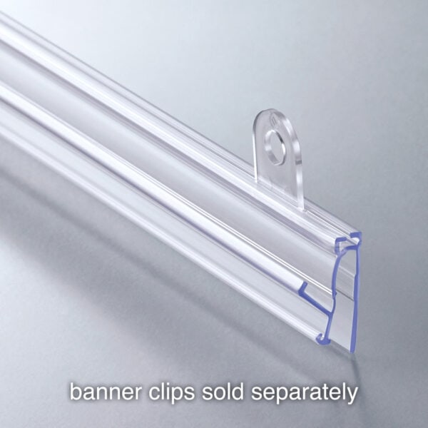 Popco snap-rail poster-hanging rail in clear plastic.