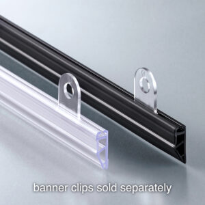 Two Popco mini snap-rail poster-hanging rails in clear and black with banner clips sold separately.