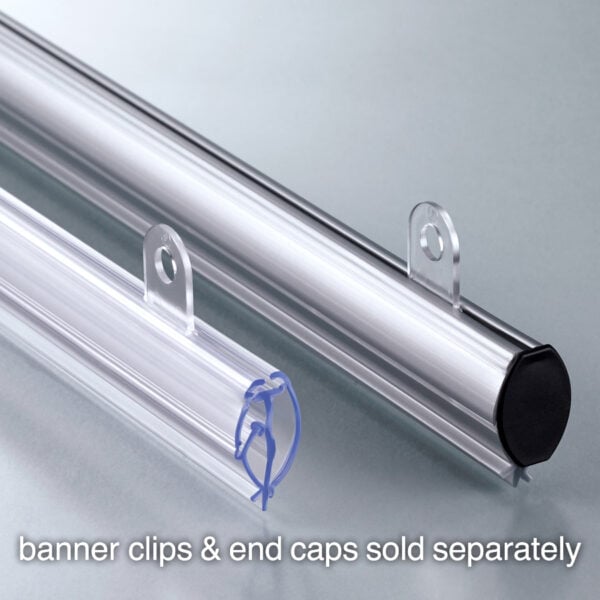 Popco NX-series snap rail in clear and silver colors with banner clips and end caps sold separately.