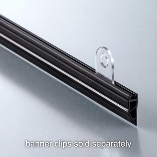 Popco mini snap-rail poster-hanging rail in clear with banner clips sold separately.