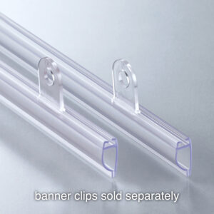 Popco banner rail poster-hanging rail in clear with banner clips sold separately.