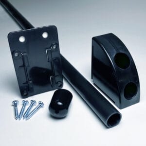 A black, plastic, baseplate, flag pole and end cap, mounting piece and mounting hardware for flag and banner hanging.