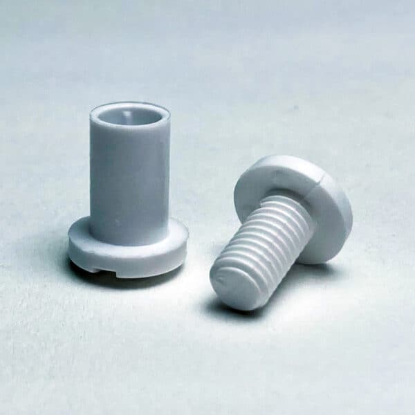 A white, plastic, post and screw set in a small-head style.