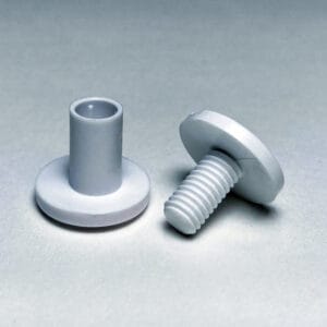 A white, plastic, post and screw set in a large-head style.