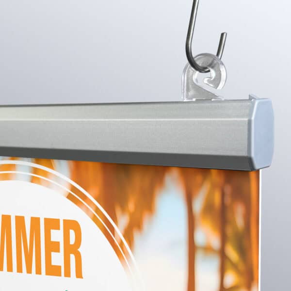 Popco's BRC-7 banner clip shown in use with an aluminum snap rail kit.