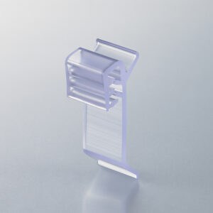 Popco finned small-sign holder for use in 1.25 inch shelf channels.