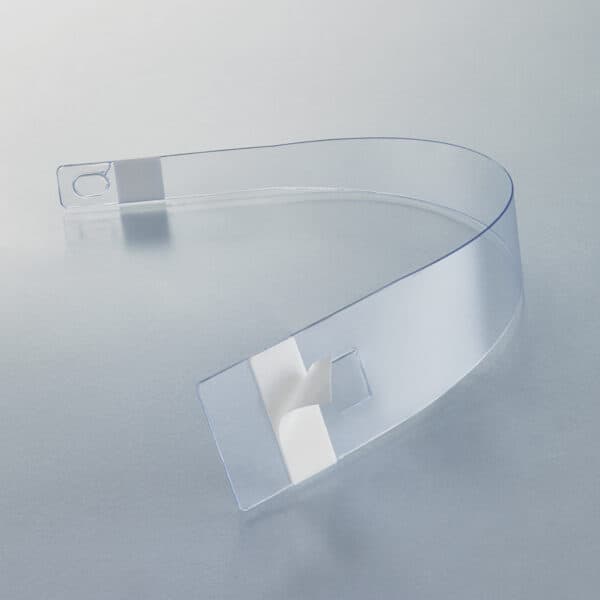 A flexible, plastic, sign wobbler with adhesive tabs.