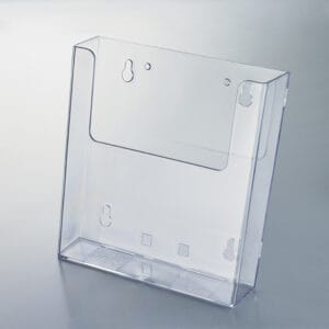 A large-sized, clear, polystyrene, wall-mounting literature holder.