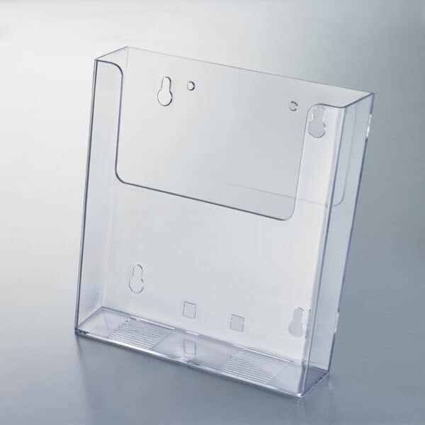 A large-sized, clear, polystyrene, wall-mounting literature holder.