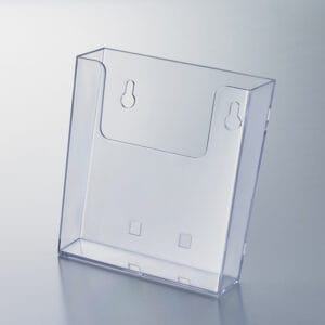 A medium-sized, clear, polystyrene, wall-mounting literature holder.