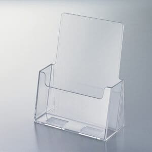 A medium-sized, clear, polystyrene, countertop literature holder.