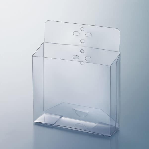A flexible plastic, clear, fold-up literature box.