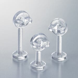 Three Popco Viking-hat screws in various sizes, and in clear plastic.