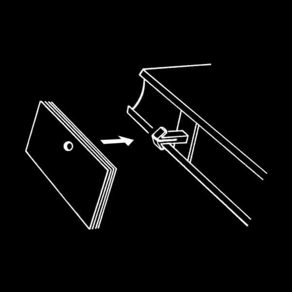 An illustration showing the use of Popco's ad pad clip, for 1.25 inch shelf channels.