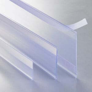 UPC data rails with adhesive strips in three heights for retail sign display.