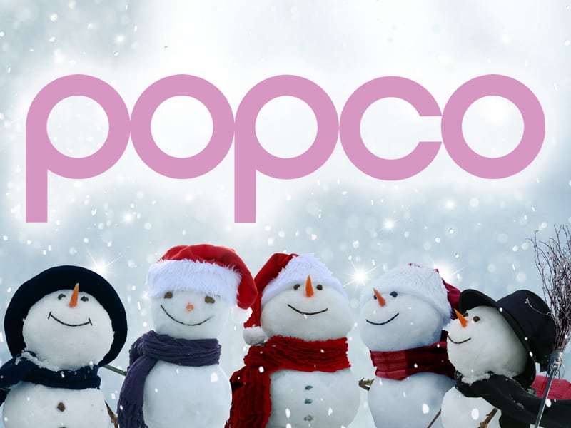 The Popco logo and five cartoon snow men.