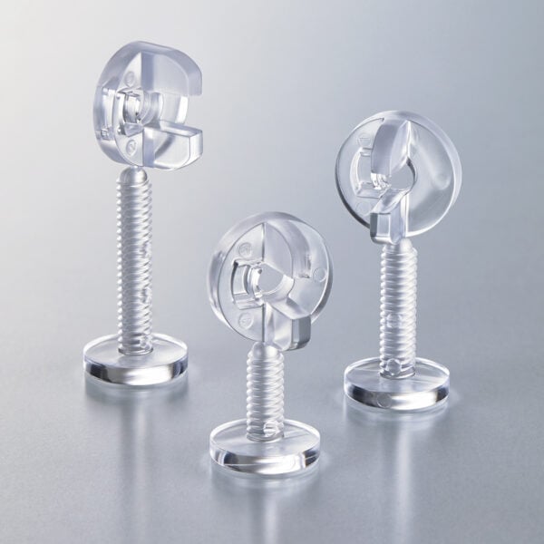 Three Popco Viking-hat screws in various sizes, and in clear plastic.