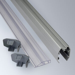 Popco's new aluminum snap rail kit components, including: two endcaps, one internal snap rail, and one external shroud.