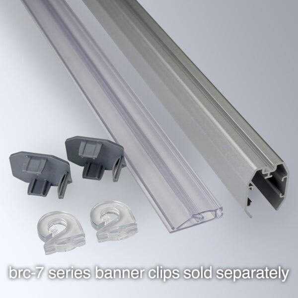 Popco's new aluminum snap rail kit components, including: two endcaps, one internal snap rail, one external shroud, and two BRC-7 banner clips (sold separately).