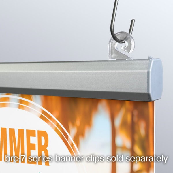 Popco's new aluminum snap rail kit, shown holding a sign, with a BRC-7 banner clip (sold separately).