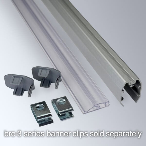 Popco's new aluminum snap rail kit components, including: two endcaps, one internal snap rail, one external shroud, and two BRC-3 banner clips (sold separately).