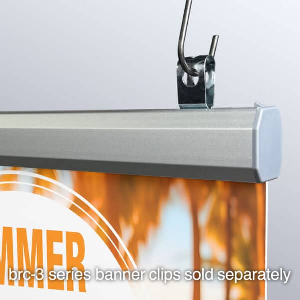 Popco's new aluminum snap rail kit, shown holding a sign, with a BRC-3 banner clip (sold separately).