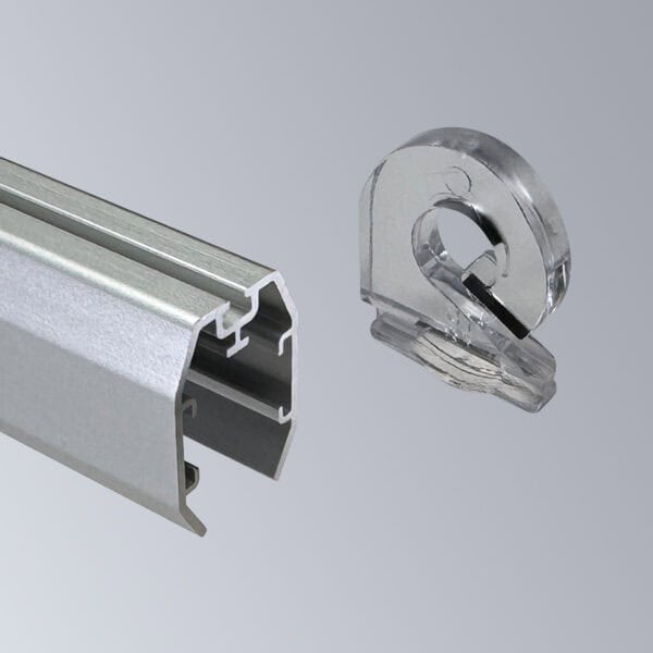 A Popco universal banner clip shown being inserted into an aluminum shroud.