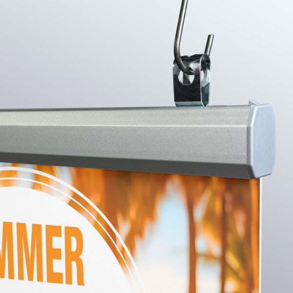 Popco's BRC-3 banner clip shown in use with an aluminum snap rail kit.