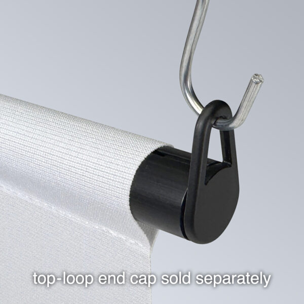 Popco’s GruVbanner Pocket Tube, a plastic tube for hanging banners, shown in a hanging position with a banner, a top-loop end cap, and a double c-hook.