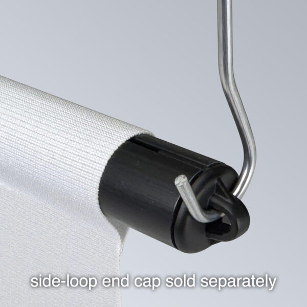 Popco’s GruVbanner Pocket Tube, a plastic tube for hanging banners, shown in a hanging position with a banner, a side-loop end cap, and a double c-hook.