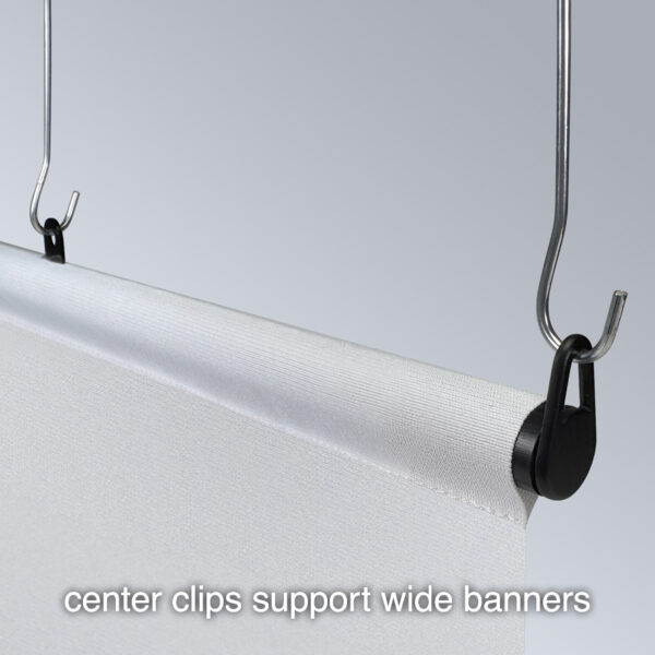 Popco’s GruVbanner Pocket Tube, a plastic tube for hanging banners, shown in a hanging position with a banner, a top-loop end cap, a banner clip to form a connection point and center support, and double c-hooks.