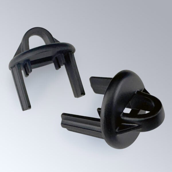 Two Popco GruvBanner side-loop end caps, used to create hanging points on the GruVbanner pocket tube, for banners.