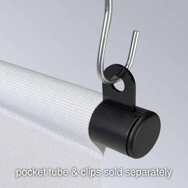 The Popco GruvBanner no-loop end cap, shown covering the open end of a GruVbanner pocket tube. Also shown is a banner clip and double c-hook. All parts support a hanging banner.