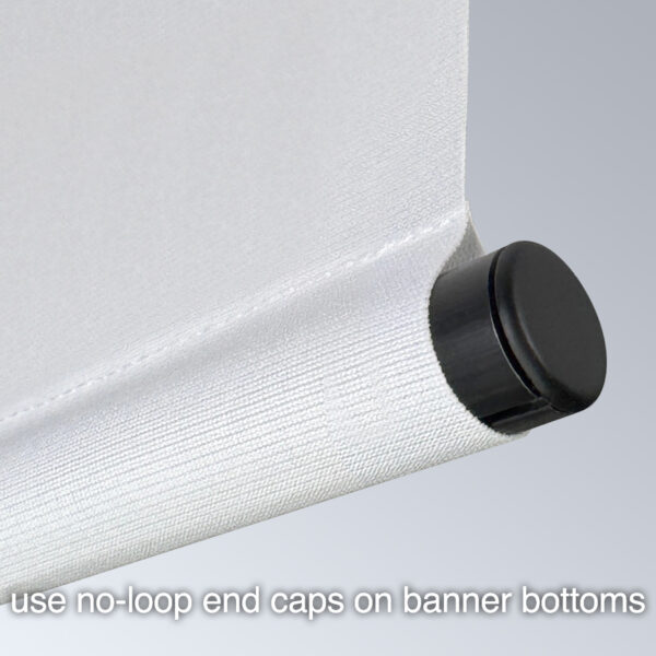 The Popco GruvBanner no-loop end cap, shown covering the open end of a GruVbanner pocket tube, positioned at the bottom of a hanging banner.