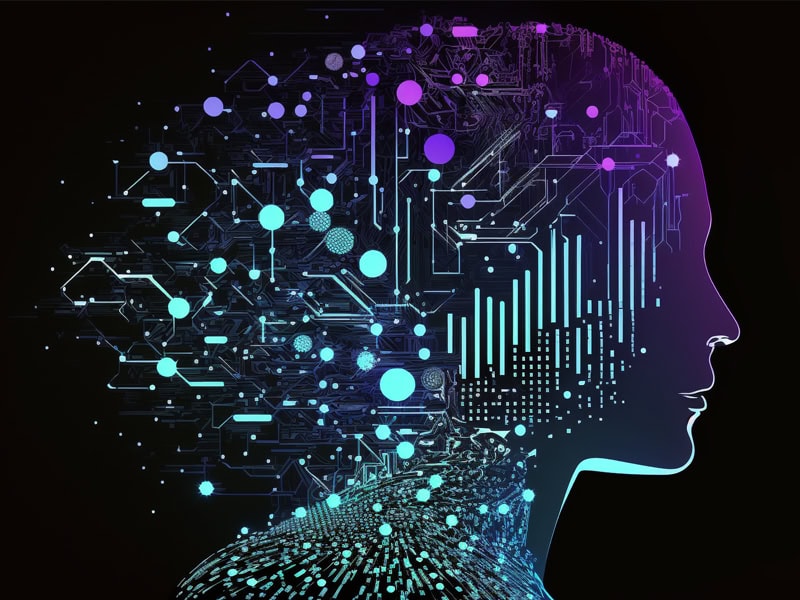 A digital illustration of technology and humanity. The outline of a woman's head is combined with tech-like accents,