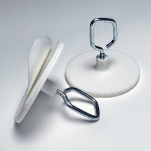 Adhesive disc with a metal loop forms a connection point for hanging signs.