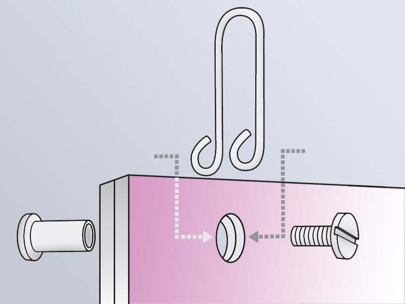 Illustration of Popco U-0loop sign hanger used with Chicago screws.
